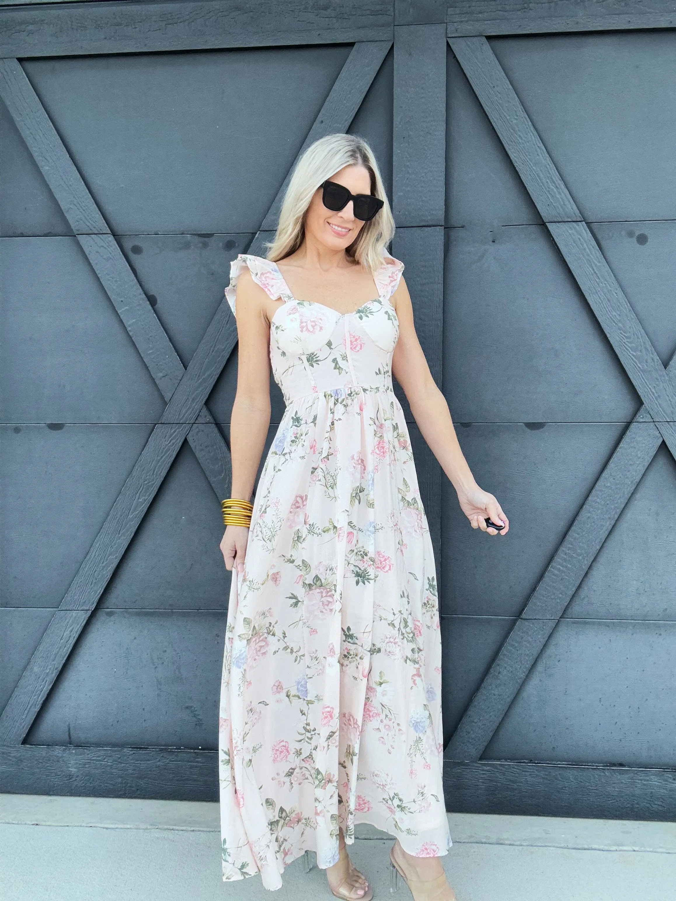 Floral Ruched Front Maxi Dress In Pink