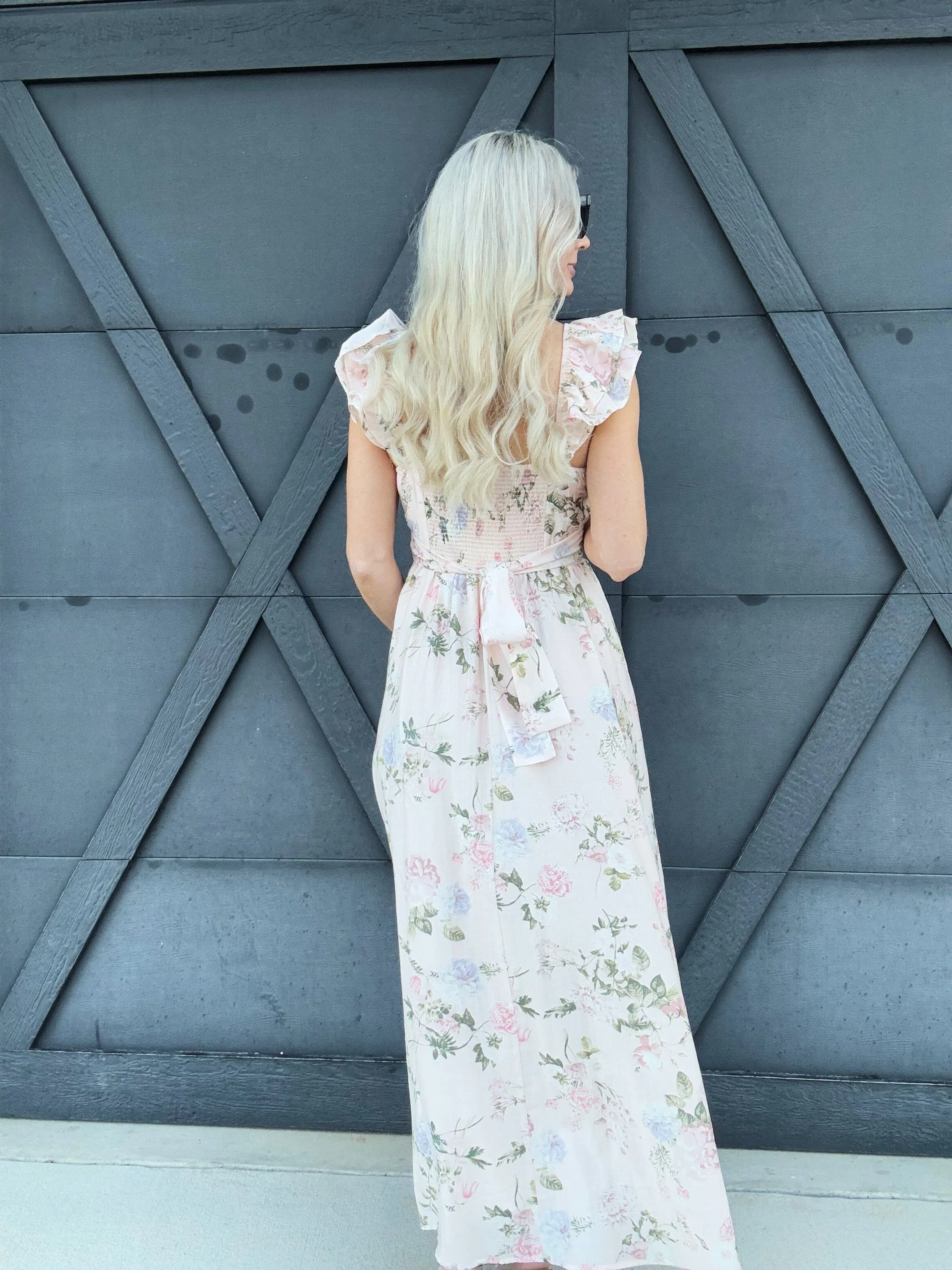 Floral Ruched Front Maxi Dress In Pink