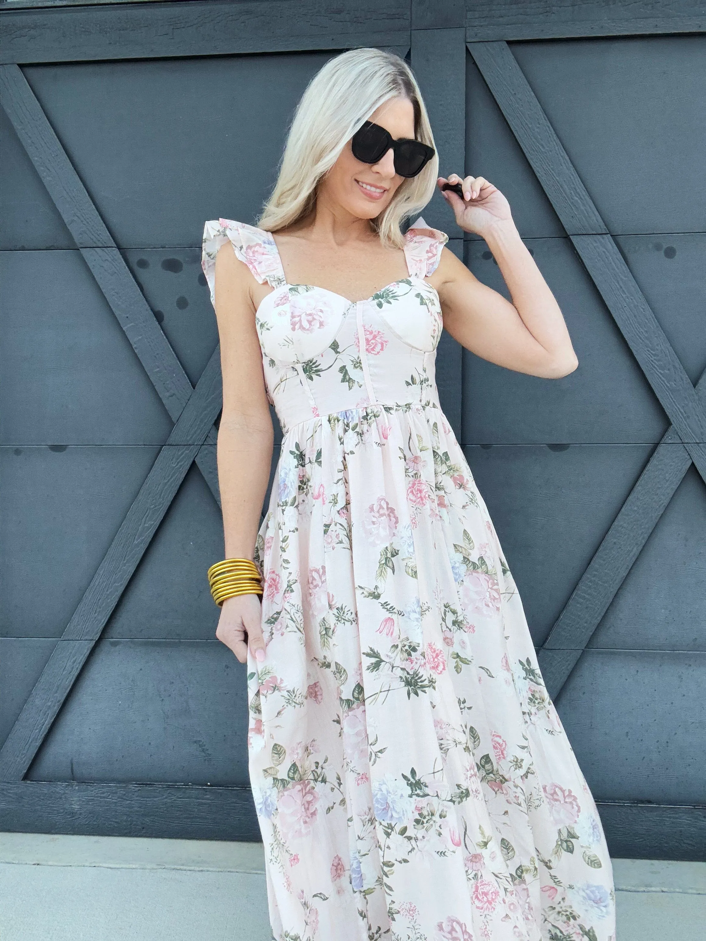 Floral Ruched Front Maxi Dress In Pink