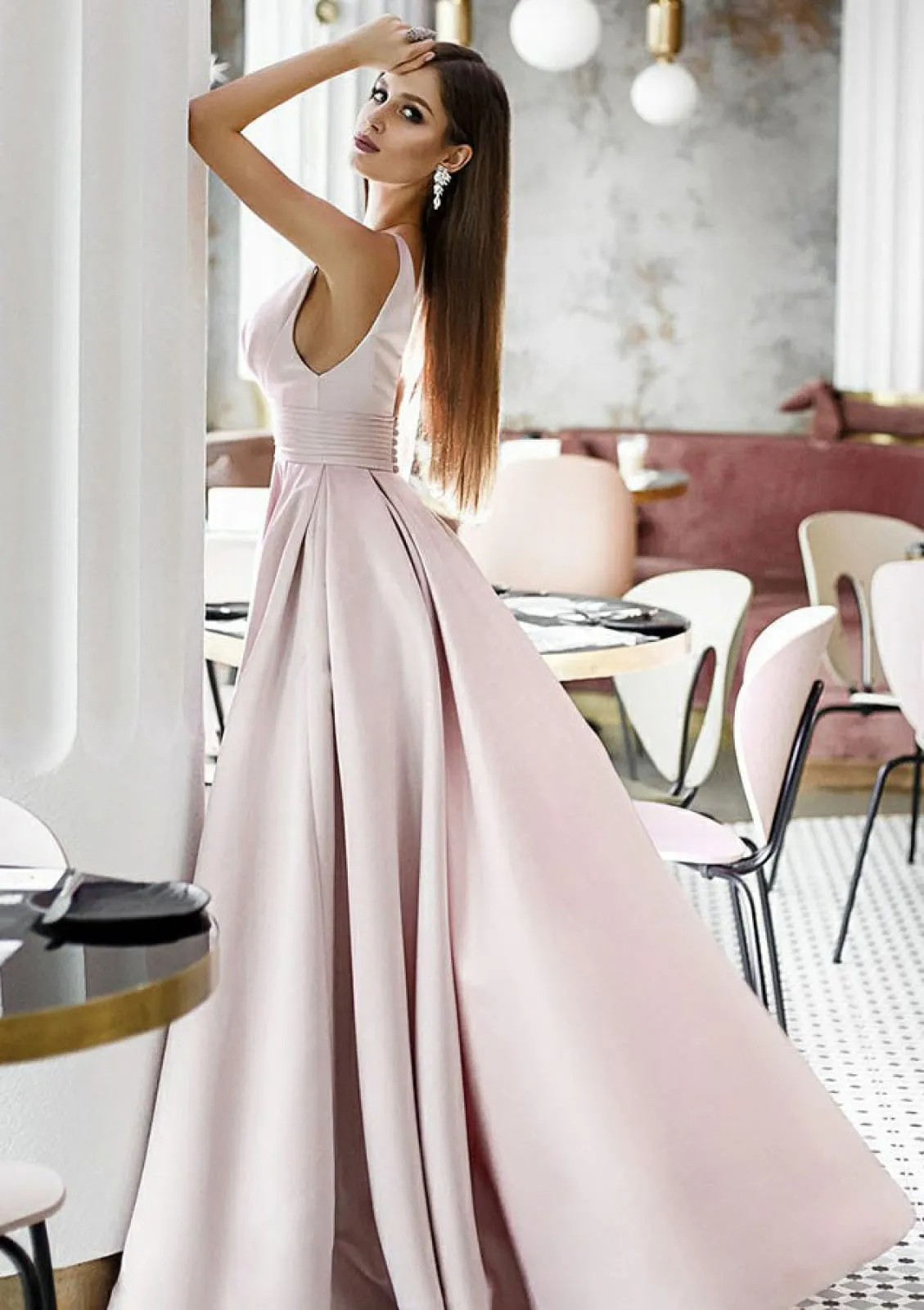 Formal Sleeveless Plunging V Back Ruched Waistband Satin Floor Length Prom Dress