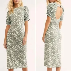 Free People Rosie Knit Midi Dress in Green &amp; White Ditsy Floral Print
