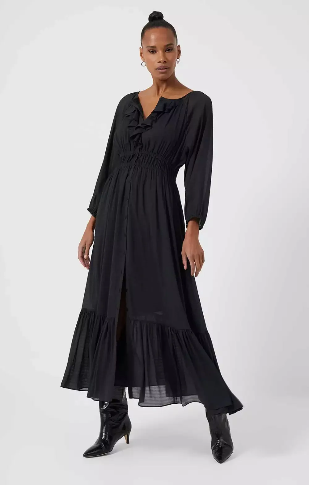 French Connection Black Anna Cora Pleated Button Down Maxi Dress UK S