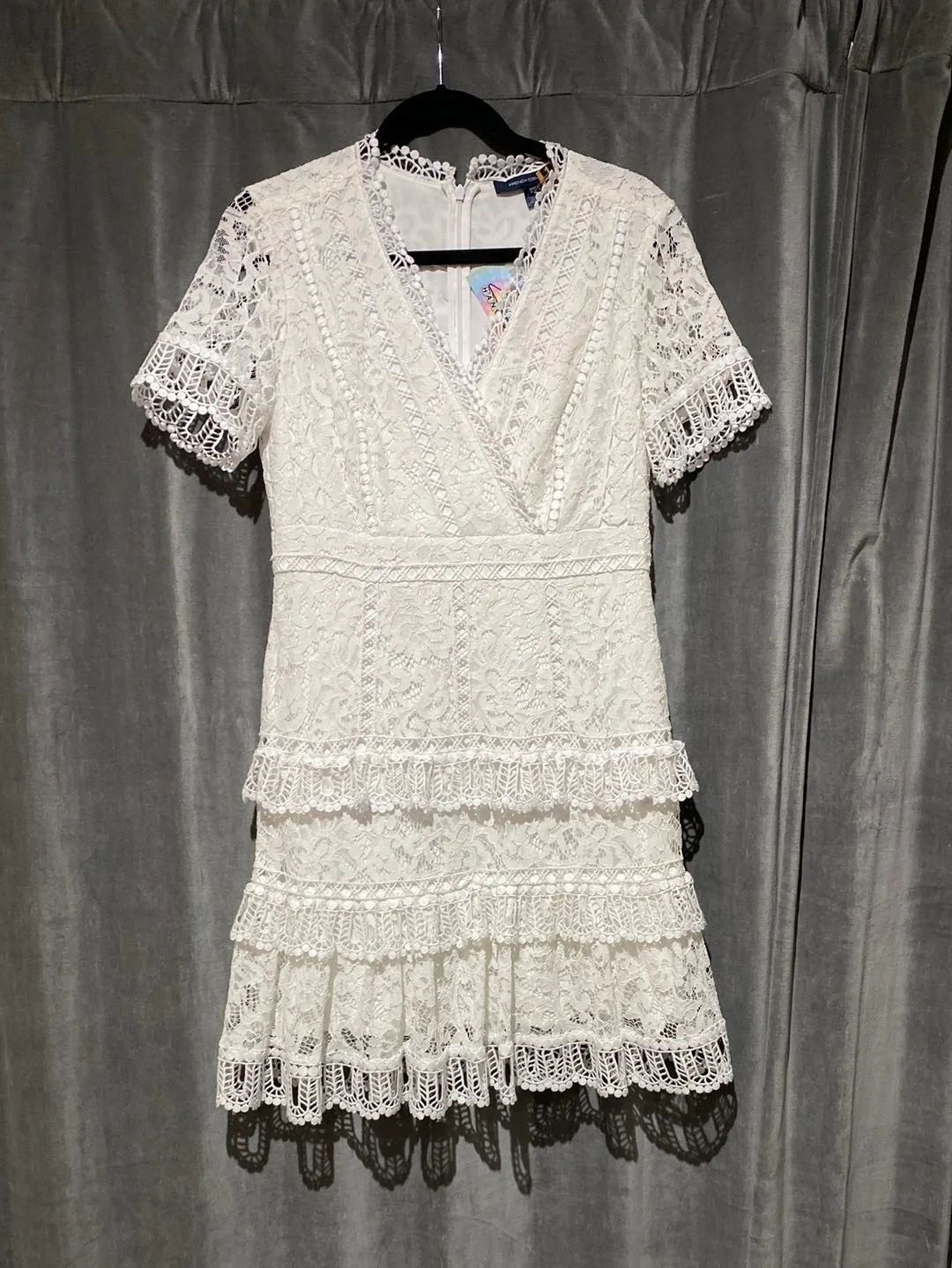 French Connection White Short Sleeve V Neck Ruffle Bottom Dress