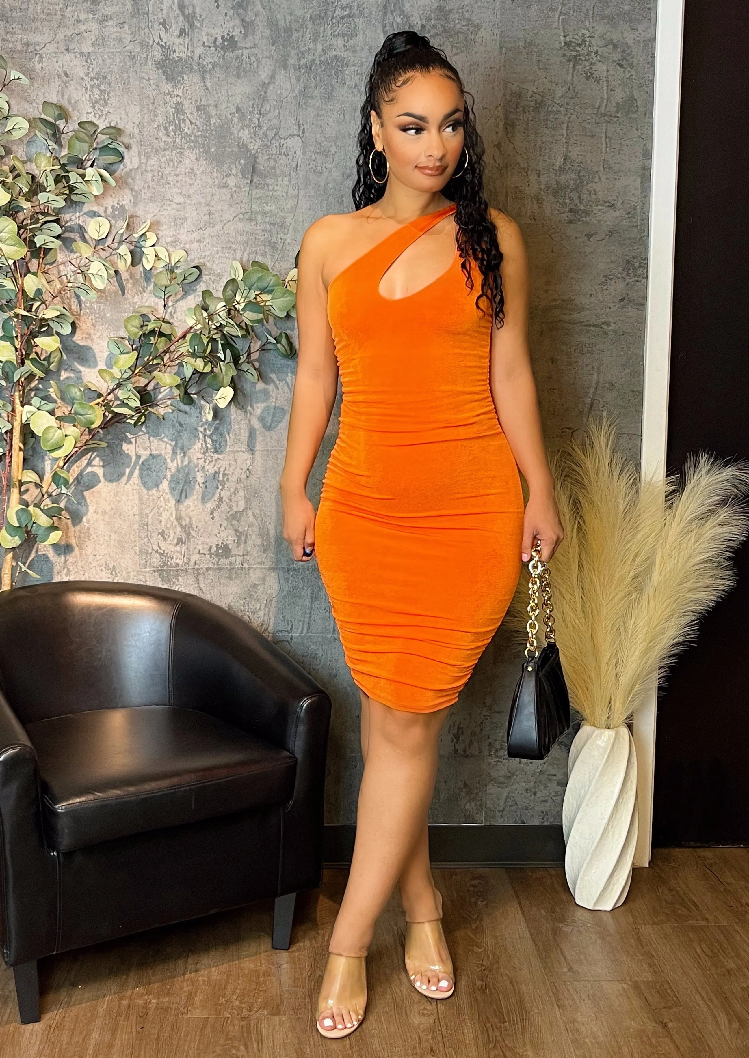 Front Cut-out One Shoulder Dress (Orange)