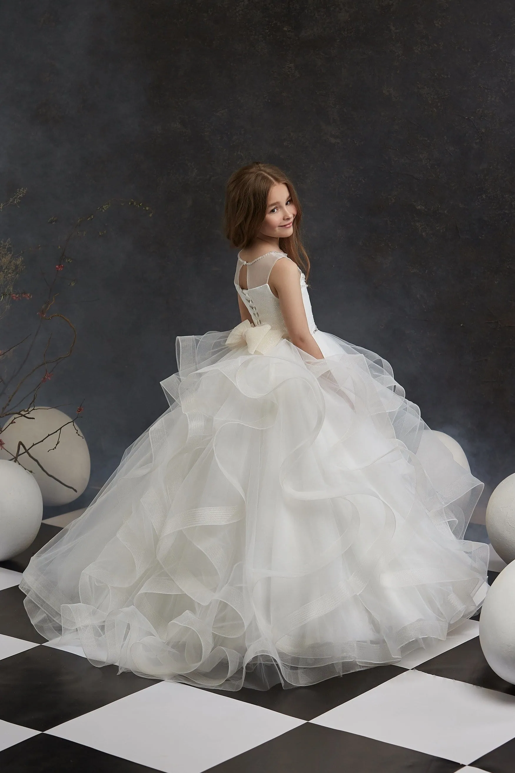 Girls Cascading Flounce Dress with a Bow