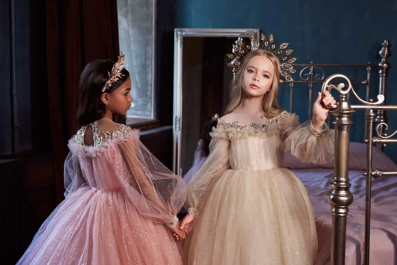 Girls Long Tulle Dress in Blush Pink