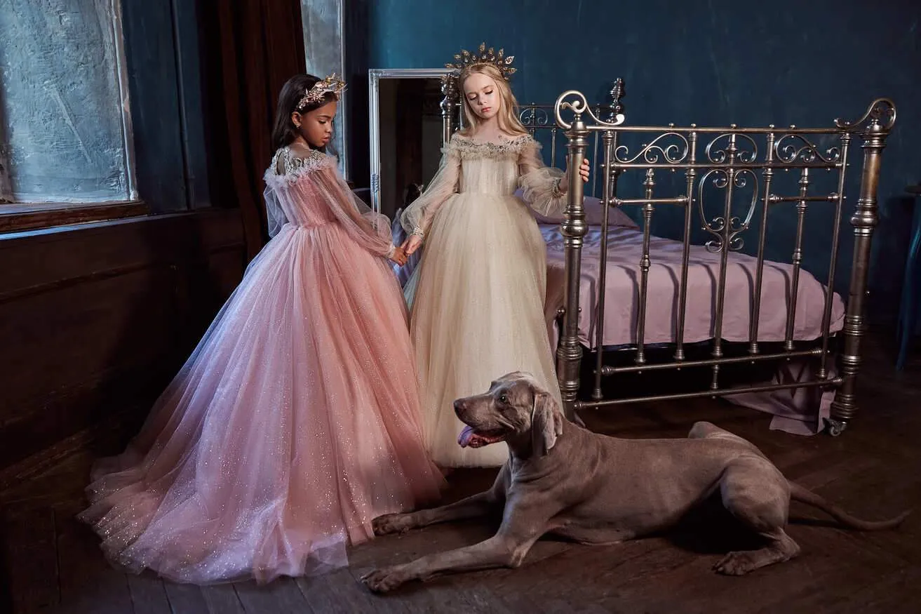 Girls Long Tulle Dress in Blush Pink