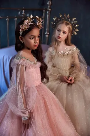Girls Long Tulle Dress in Blush Pink