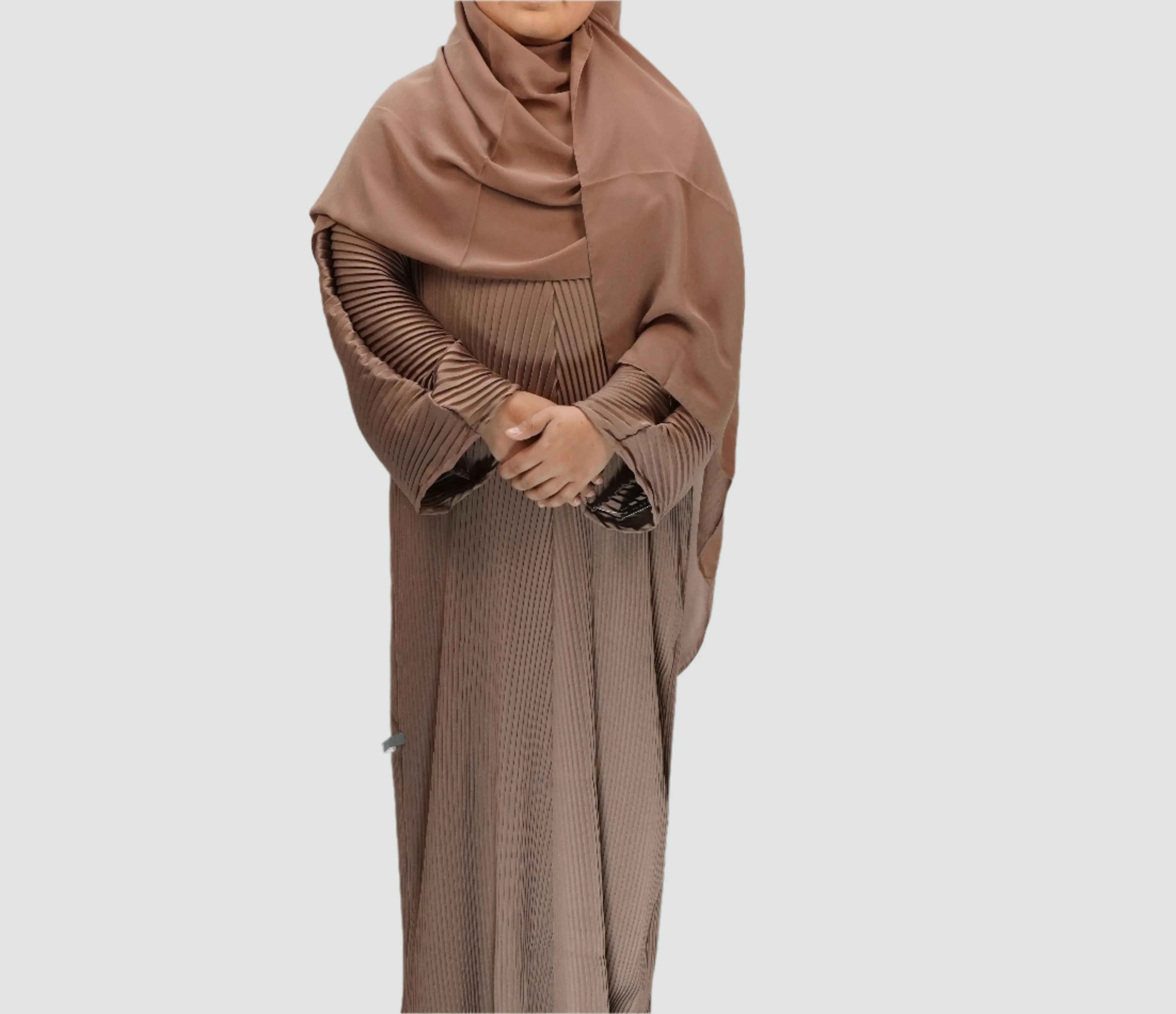 Girls Pleated Batwing Abaya - Latte