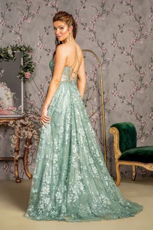 GL 3454 - Glitter Patterned A-Line Prom Gown with Sheer Boned Corset Bodice Leg Slit & Lace Up Corset Back