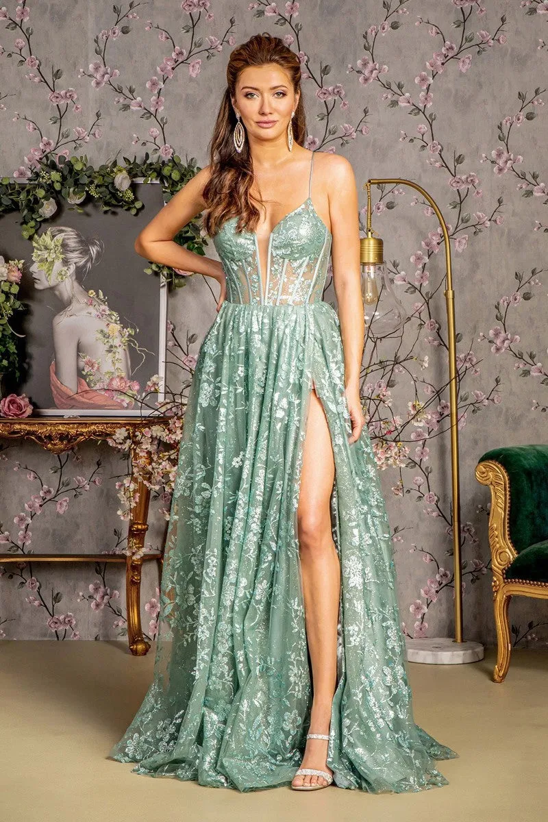 GL 3454 - Glitter Patterned A-Line Prom Gown with Sheer Boned Corset Bodice Leg Slit & Lace Up Corset Back