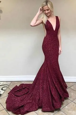 Glitter Sequin Burgundy Evening Dress Mermaid Train