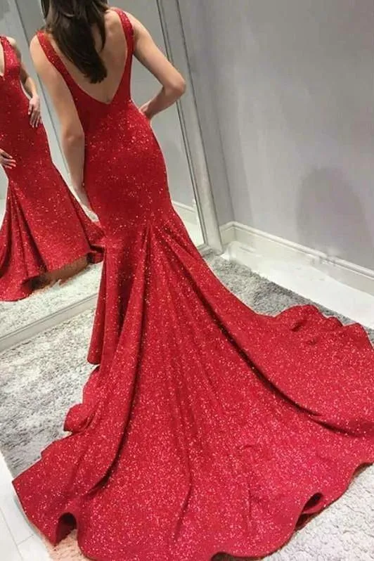 Glitter Sequin Burgundy Evening Dress Mermaid Train