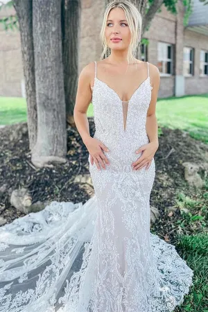 Gorgeous Lace Mermaid Deep V-neck Wedding Dresses, Bridal Gowns, MW714