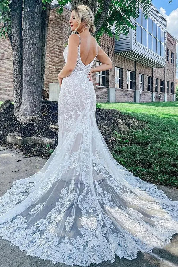Gorgeous Lace Mermaid Deep V-neck Wedding Dresses, Bridal Gowns, MW714