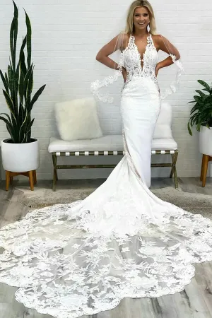 Gorgeous Tulle Mermaid Deep V Neck Backless Lace Wedding Dresses, MW974