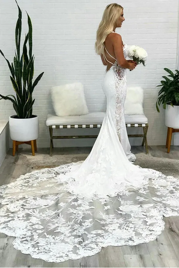 Gorgeous Tulle Mermaid Deep V Neck Backless Lace Wedding Dresses, MW974