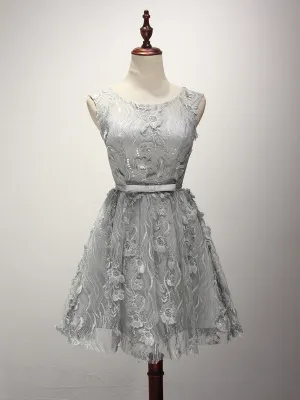 Gray Short Lace Bridesmaid Dress