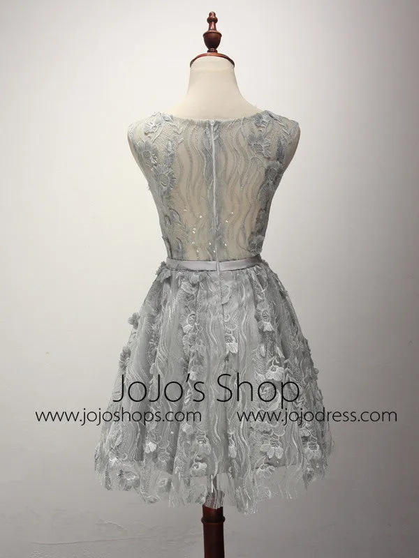 Gray Short Lace Bridesmaid Dress