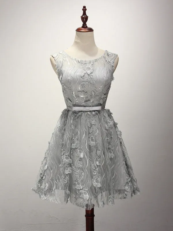 Gray Short Lace Bridesmaid Dress