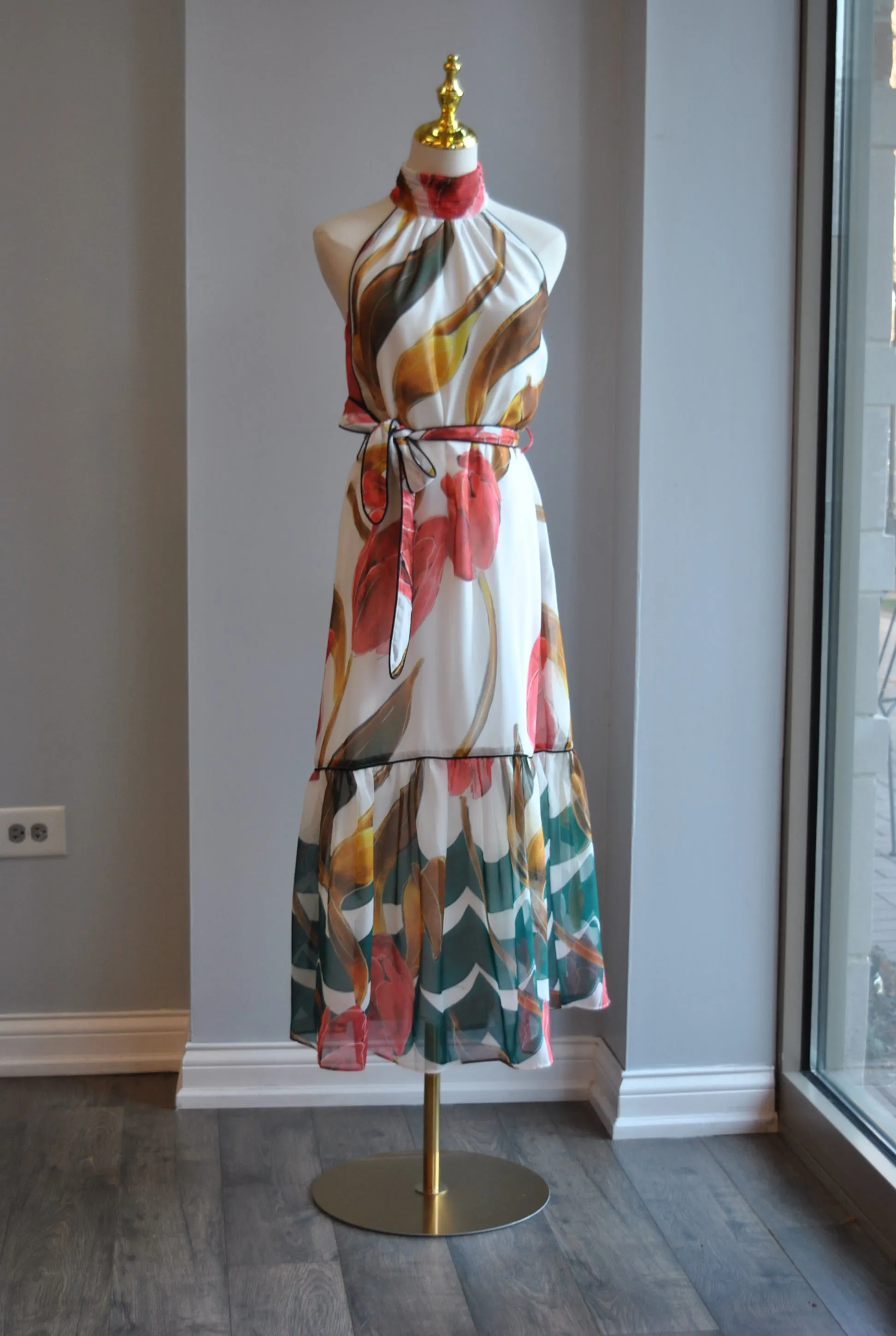 GREEN AND CORAL MULTI MAXI SUMMER DRESS