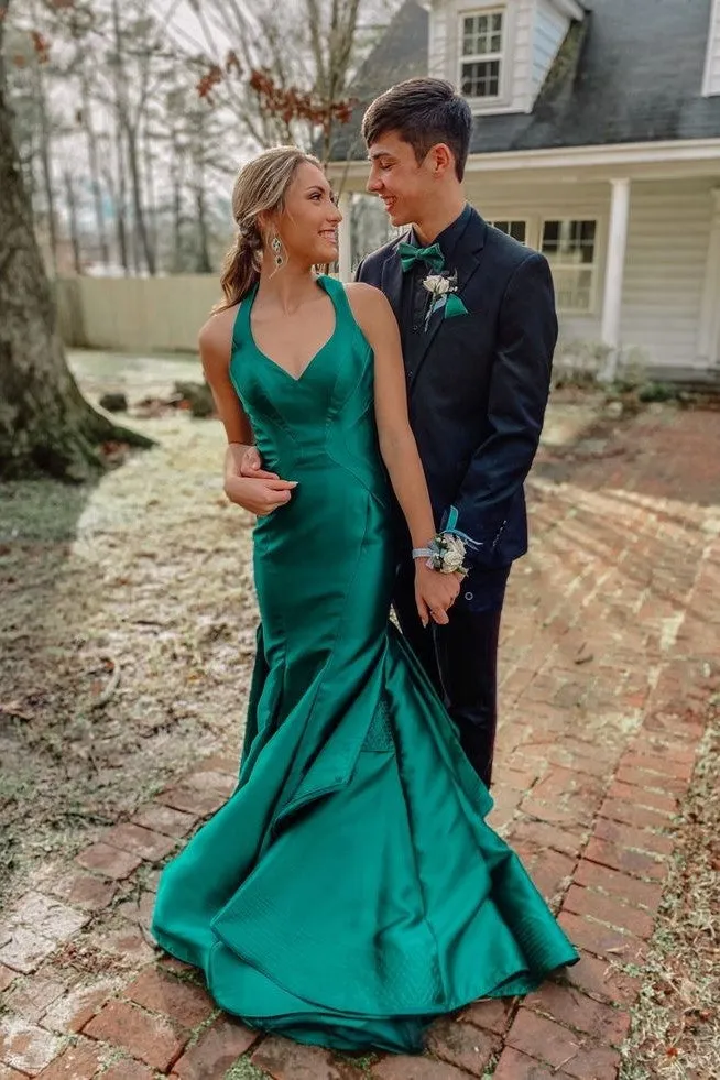 Green Mermaid Ruffles Prom Gown with Halter Neckline