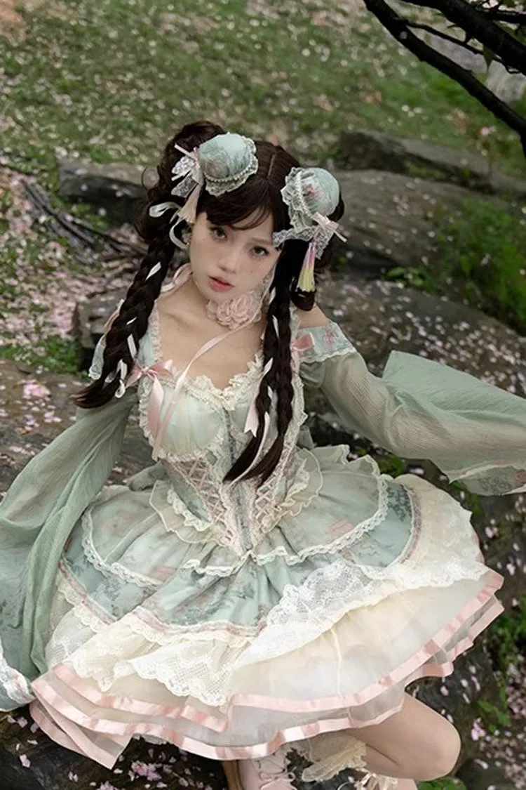 Green Waltz Multi-layer Print Ruffle Bowknot Sweet Chinese Style Elegant Lolita Jsk Dress