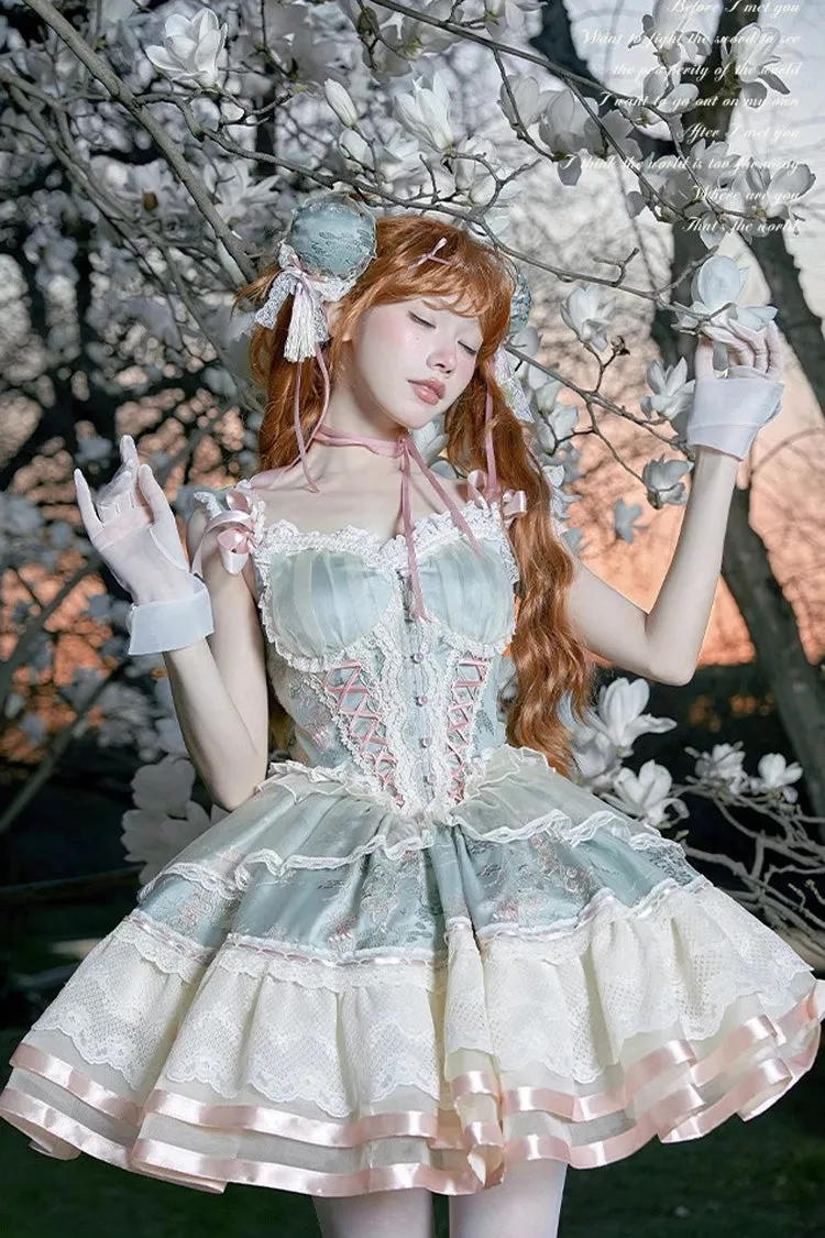 Green Waltz Multi-layer Print Ruffle Bowknot Sweet Chinese Style Elegant Lolita Jsk Dress
