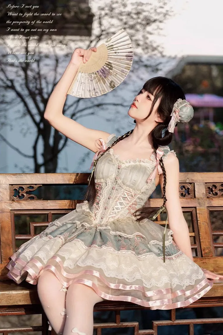 Green Waltz Multi-layer Print Ruffle Bowknot Sweet Chinese Style Elegant Lolita Jsk Dress