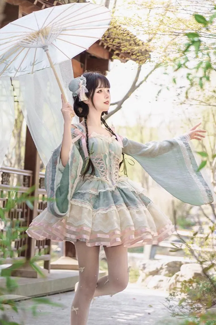 Green Waltz Multi-layer Print Ruffle Bowknot Sweet Chinese Style Elegant Lolita Jsk Dress