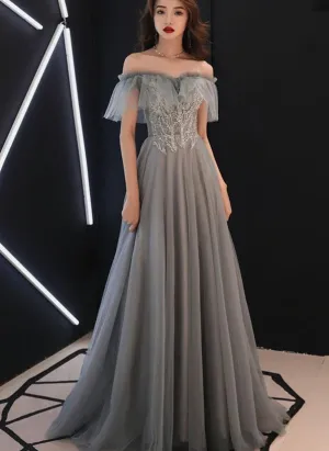 Grey Tulle Sweetheart Floor Length  Sweetheart Long Formal Prom Dress, Grey Evening Dress With Applique
