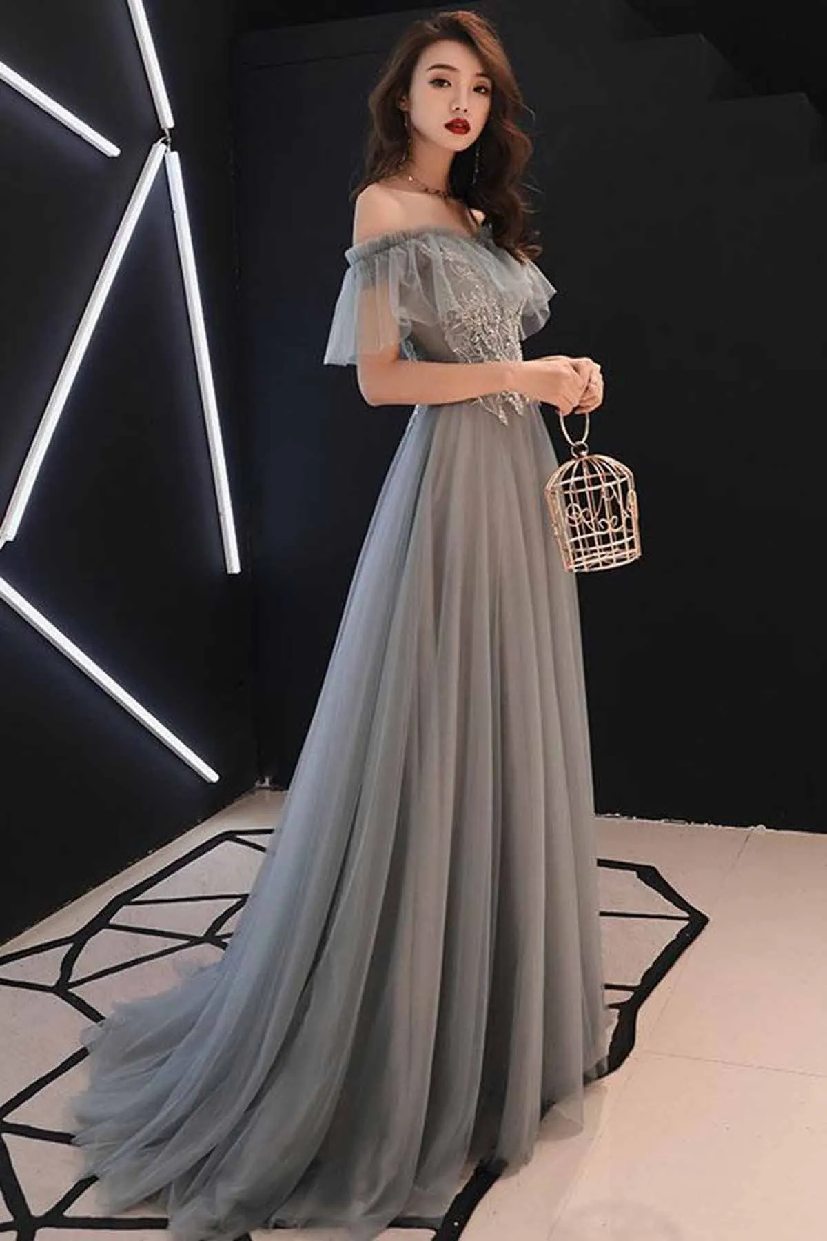 Grey Tulle Sweetheart Floor Length  Sweetheart Long Formal Prom Dress, Grey Evening Dress With Applique