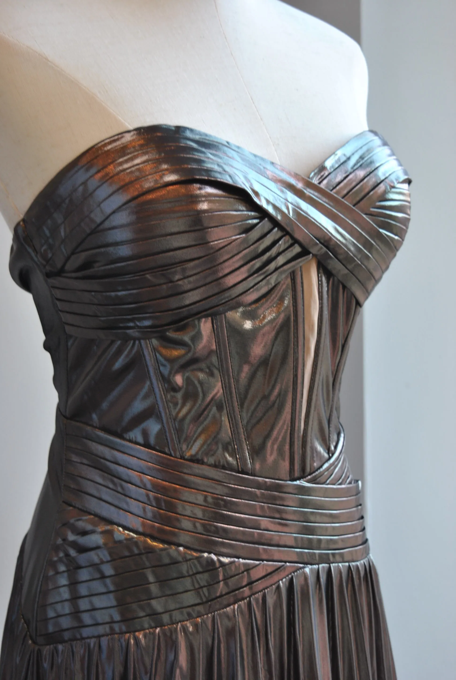 GUNMETAL LONG EVENING STRAPLESS PLEATED DRESS