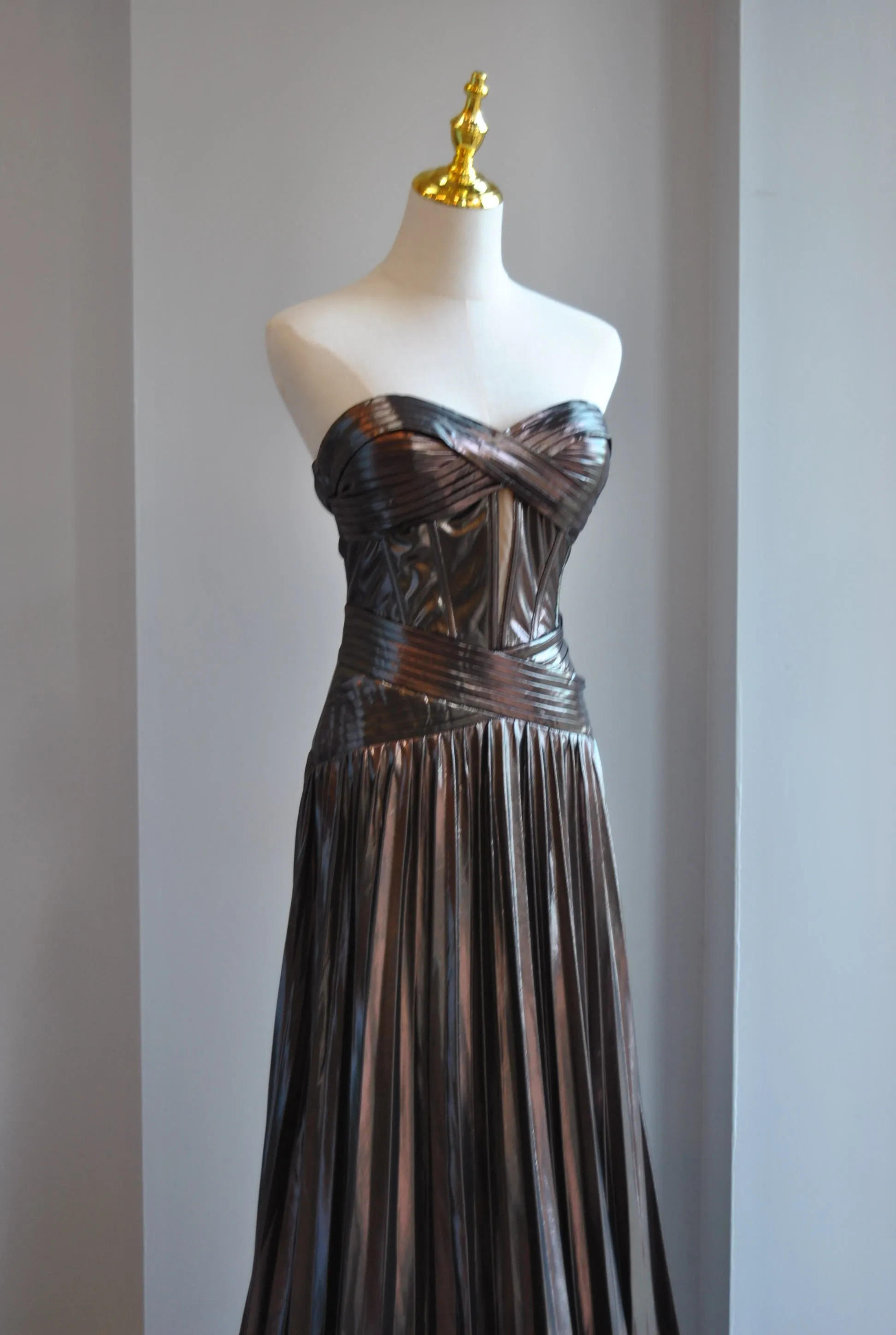 GUNMETAL LONG EVENING STRAPLESS PLEATED DRESS