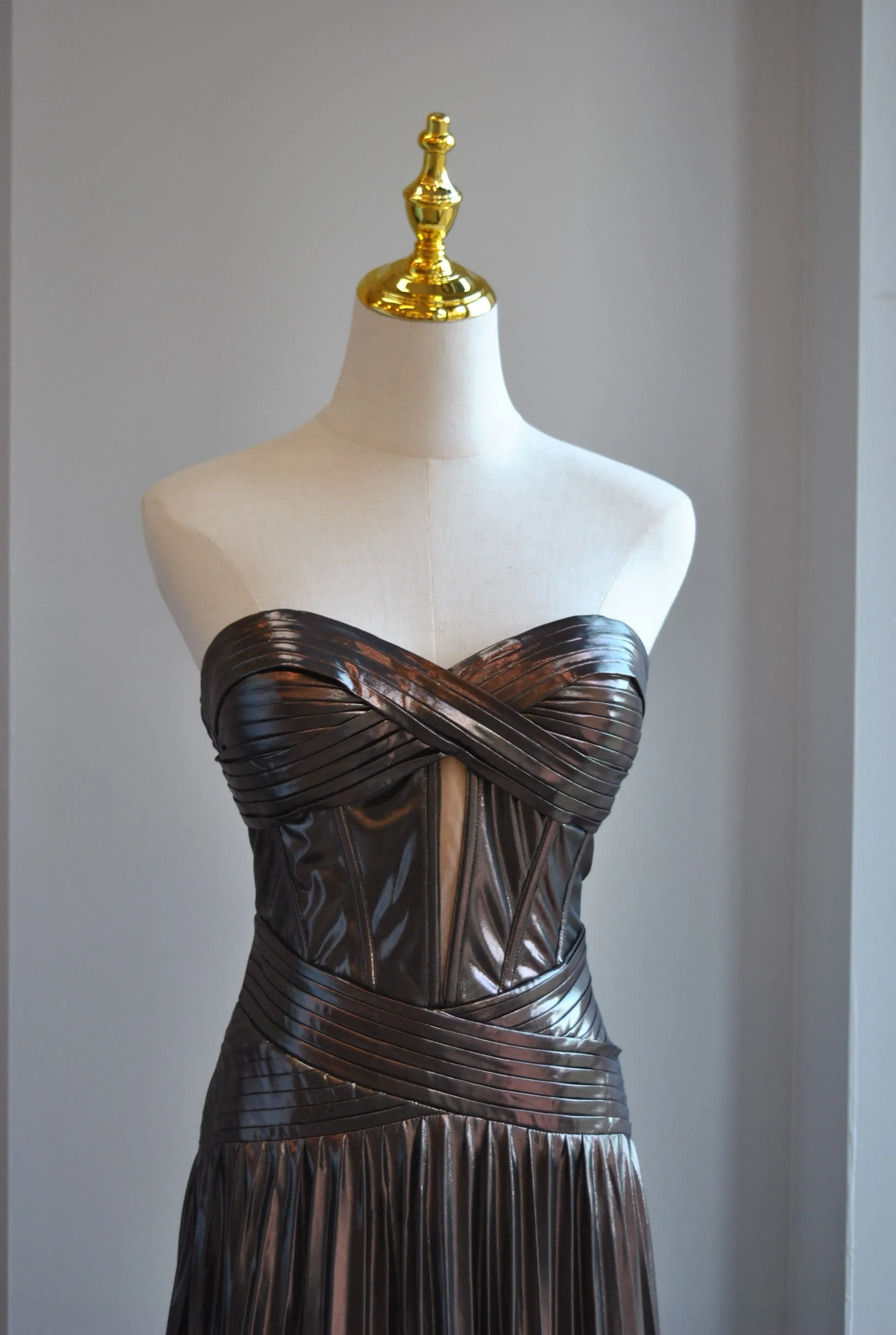 GUNMETAL LONG EVENING STRAPLESS PLEATED DRESS
