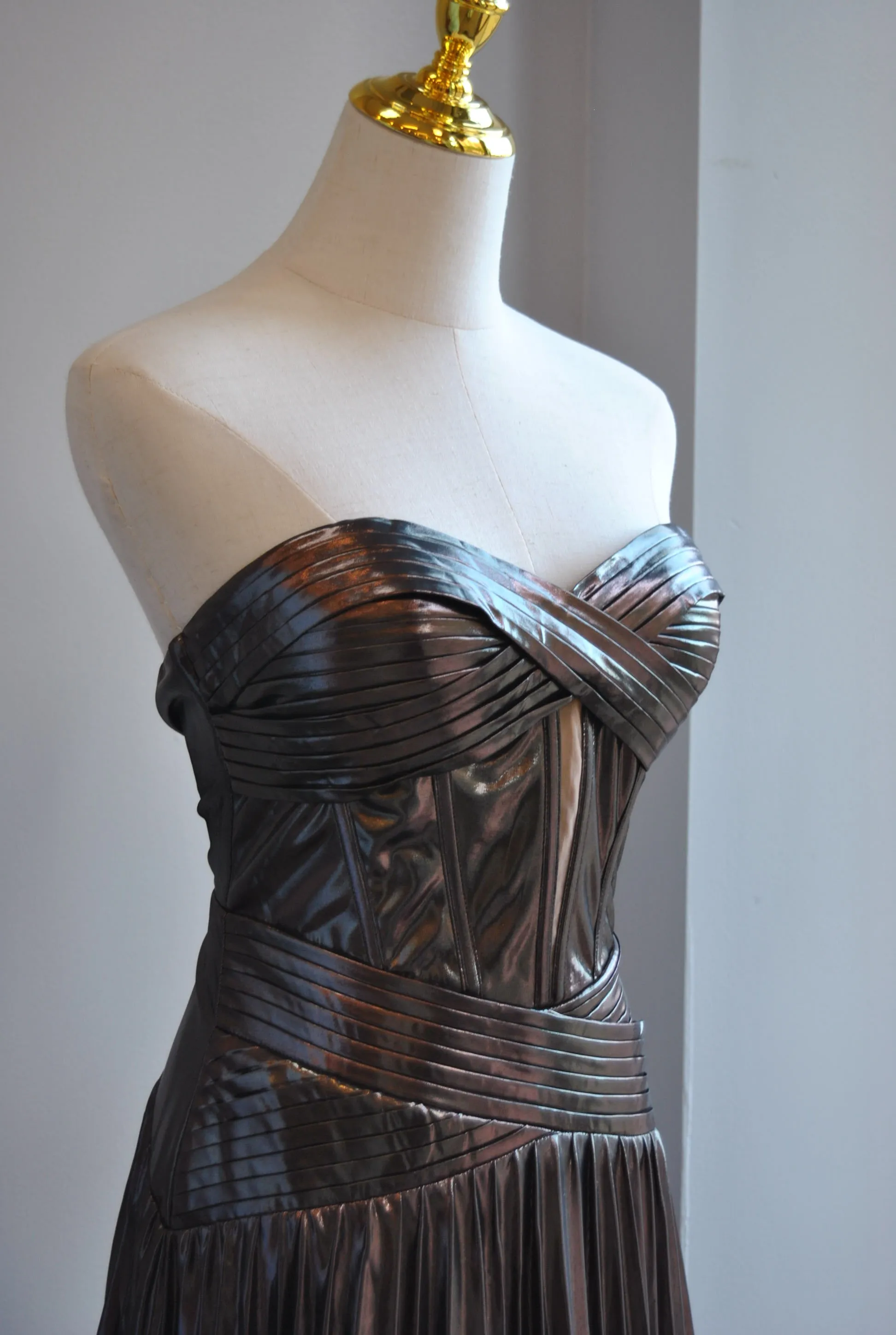GUNMETAL LONG EVENING STRAPLESS PLEATED DRESS