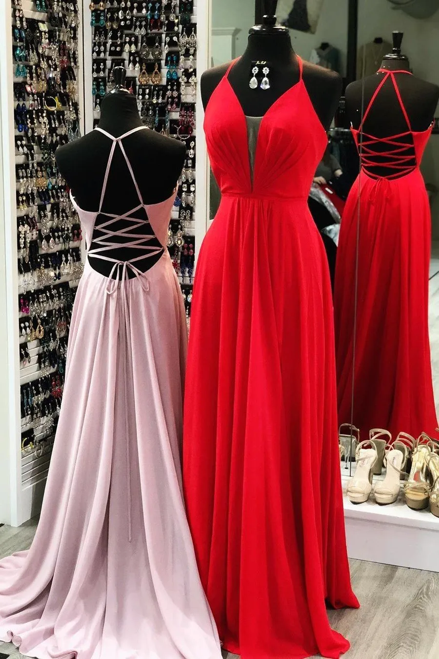 Halter Chiffon Long Prom Dresses with Lace-up Back