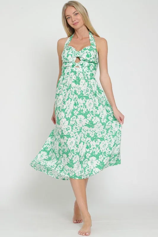 Halter green/white midi dress