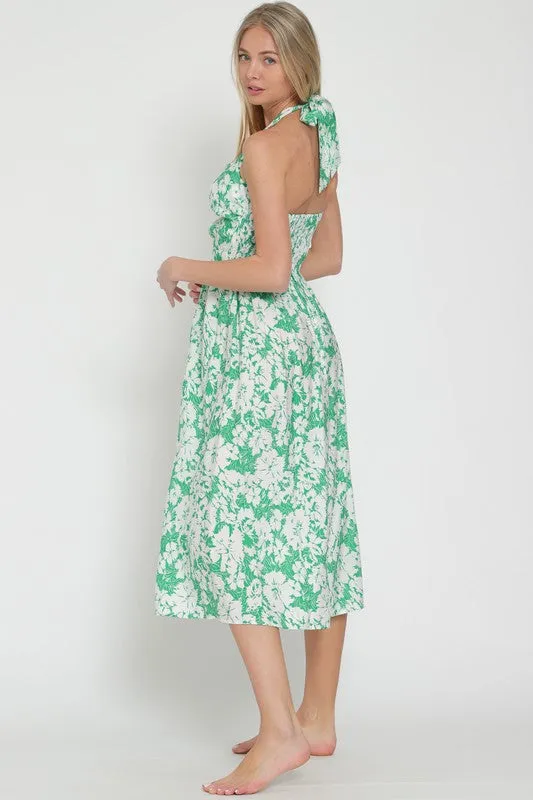 Halter green/white midi dress
