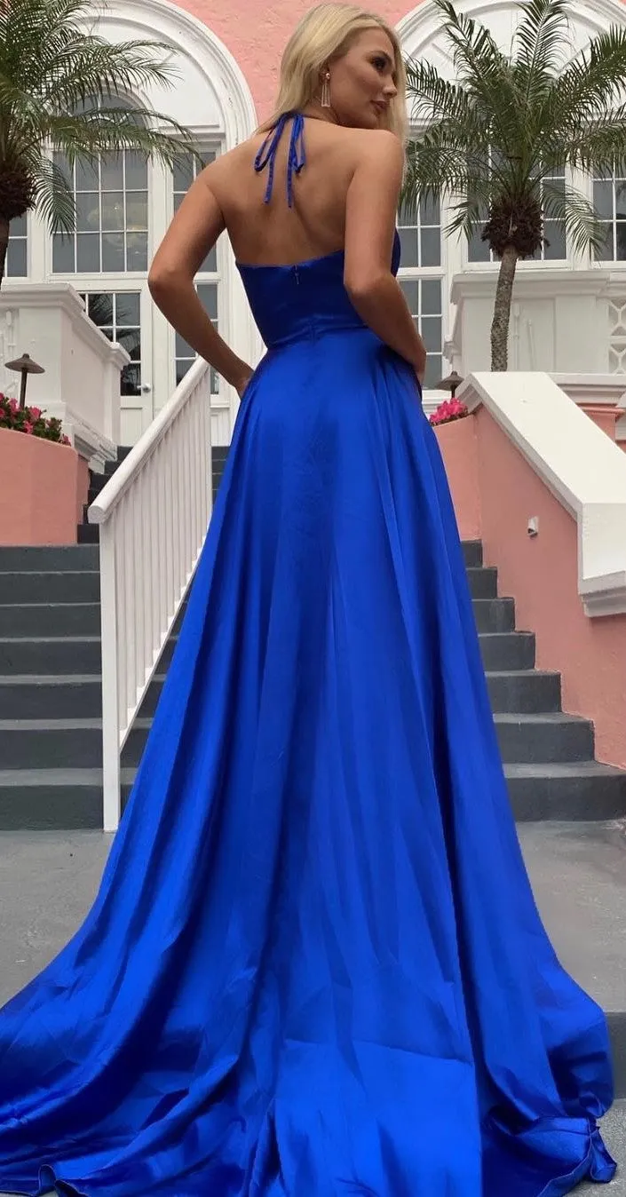 Halter Neckline Slit Royal Blue Prom Dress