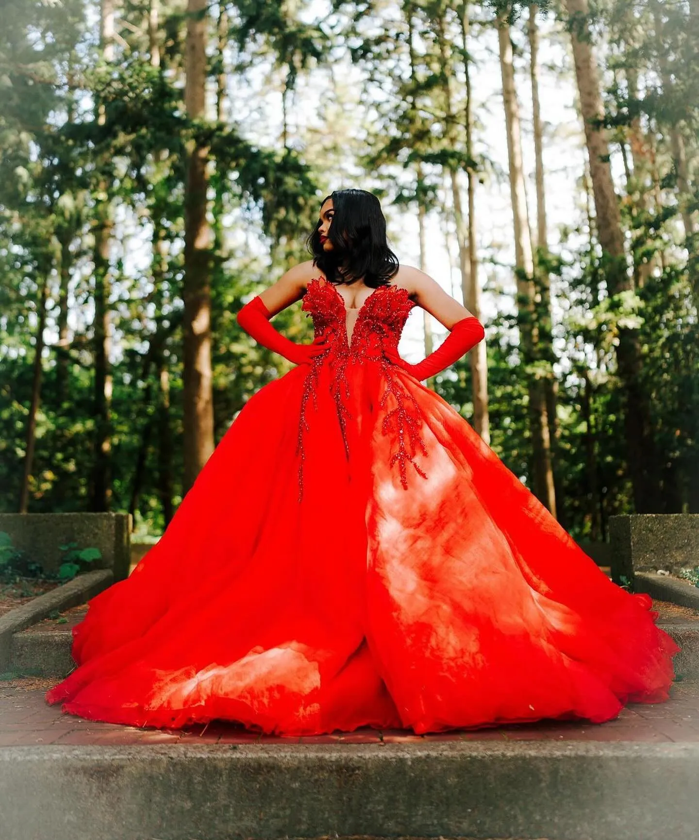 Hot Red Sweetheart Tulle Appliques V-neck Puffy Ball Prom Dress
