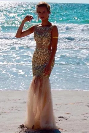 Illusion Neckline Rhinestones Prom Dresses Mermaid Skirt
