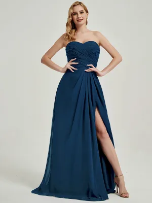 Ink Blue Strapless Floor-Length Empire Bridesmaid Dress with Slit