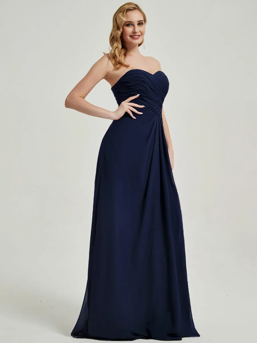 Ink Blue Strapless Floor-Length Empire Bridesmaid Dress with Slit