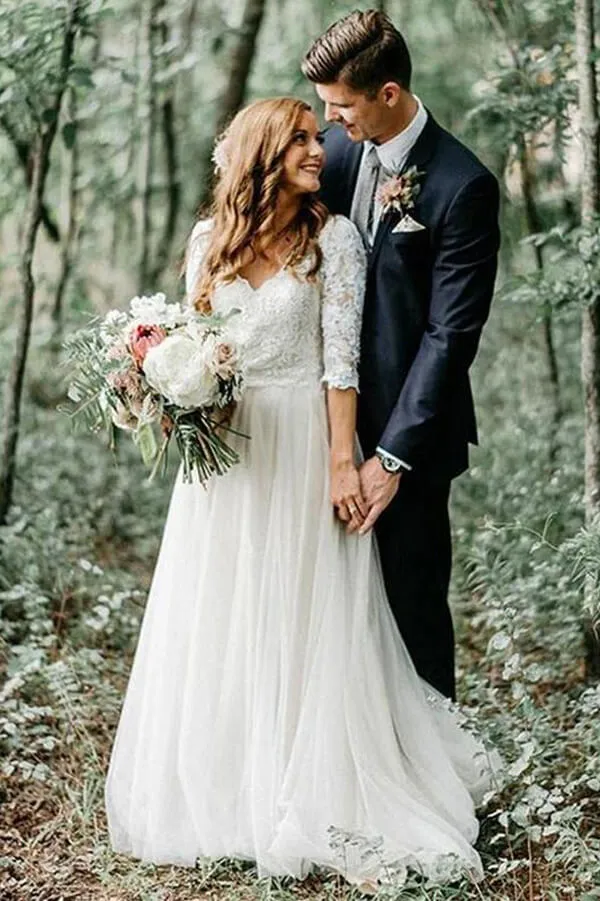 Ivory 3/4 Sleeves Lace Top Backless Wedding Dresses, Bridal Gowns, MW555