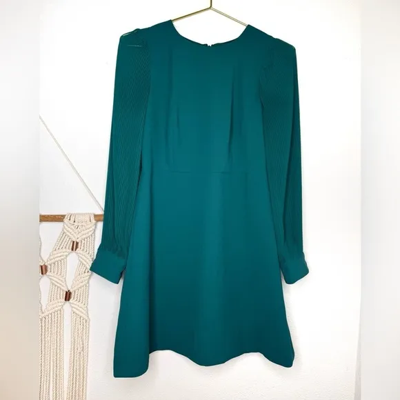 J.Crew Foggia Holiday Green Crepe Pleated Sleeves Dress Jade Teal Winter