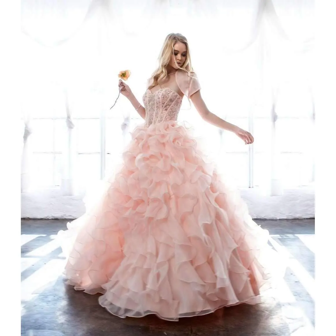 Juliet 1418 Cinderella Ball Gown Organza Ruffle Skirt Beaded Corset Bodice