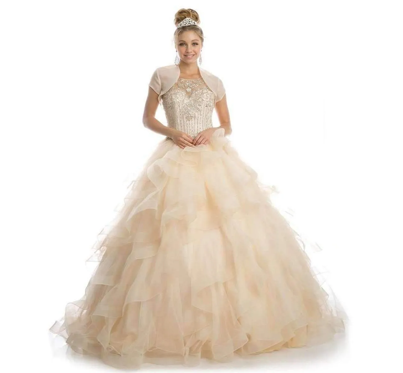 Juliet 1423 A-Line Princess Ball Gown Ruffled Tiered Tulle with Jacket