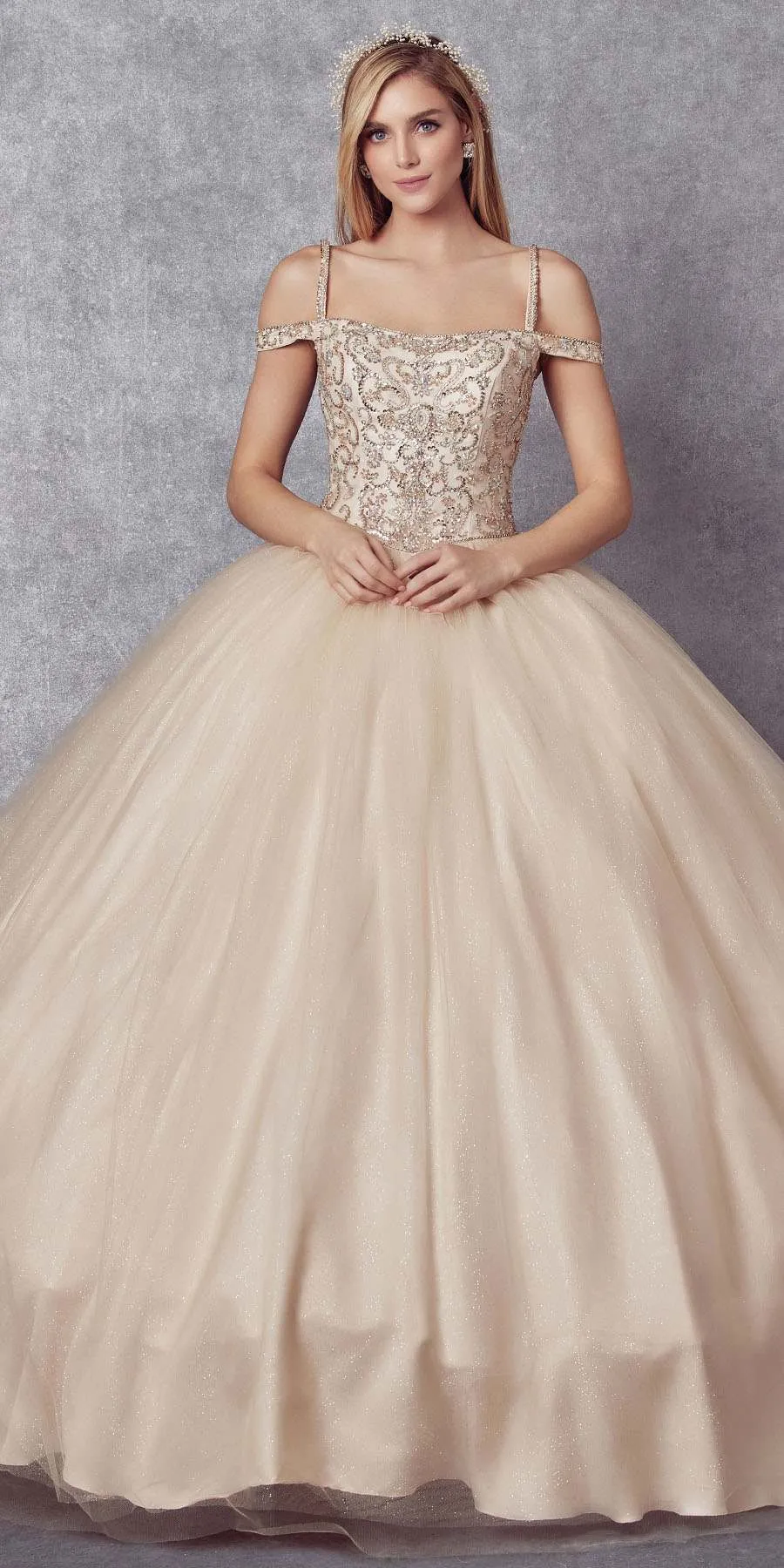 Juliet 1426 Beaded Embroidery Cold Shoulder Princess Poofy Ballgown