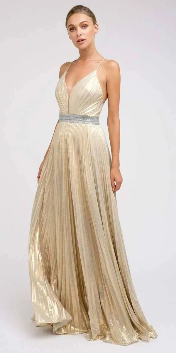 Juliet 226 Metallic Pleated Long Dress A-Line Lace-Up Back
